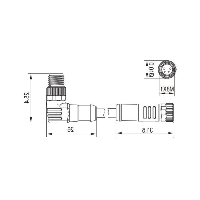 M8 4Pin, female straight turn male 90°, double end pre-cast PVC non-flexible cable, grey sheathing, 63D143-XXX